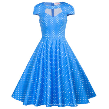 Belle Poque mujeres ahuecado vestido de manga corta azul Pequeño punto blanco vestido de algodón retro vintage BP000008-12